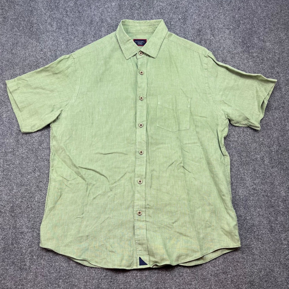 UNTUCKit Mens Medium Green White Striped Linen Short Sleeve Button Down Shirt